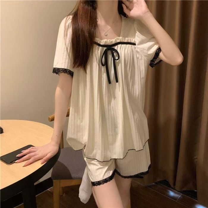 Pijamas sueltos de verano al por mayor transfronterizos, pantalones cortos de manga corta con mangas abullonadas para mujer, traje casual de servicio a domicilio para estudiantes