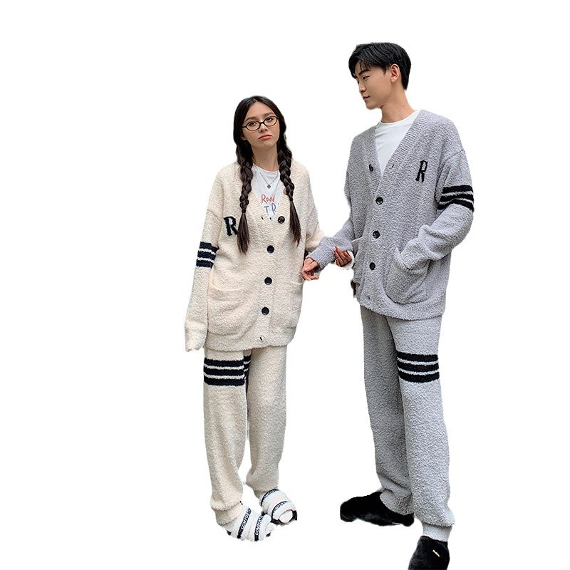 하프 벨벳 커플 느슨한 잠옷 여성 기모 두꺼운 대비 카디건 고급 편안한 봉제 홈 의류