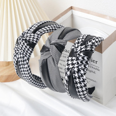 韓國新款布藝時尚女士千鳥格皮革中間打結擰結寬邊發箍壓發頭箍女