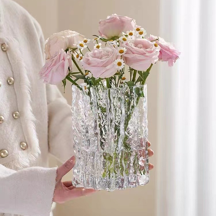 Ins Light Luxury High-end Glacier Vase Glass Thickened Transparent Water-raised Flowers Flower Ornaments for Living Room Decorations