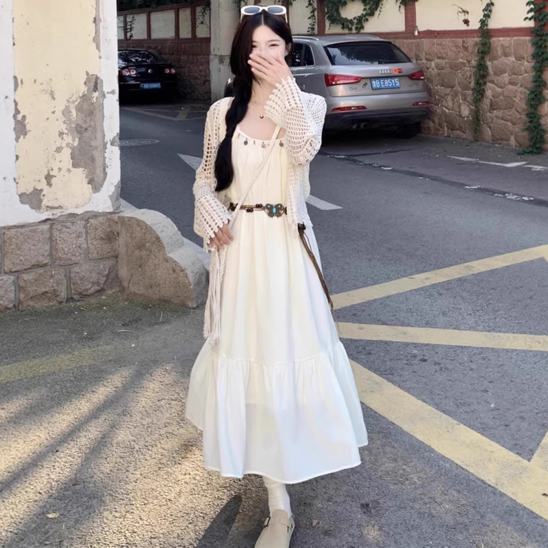 Beach Vacation Style Suit, Elegant Waist-Cinching Suspender Dress, Women's Summer Knitted Hollow Cardigan Top Two-Piece Set
