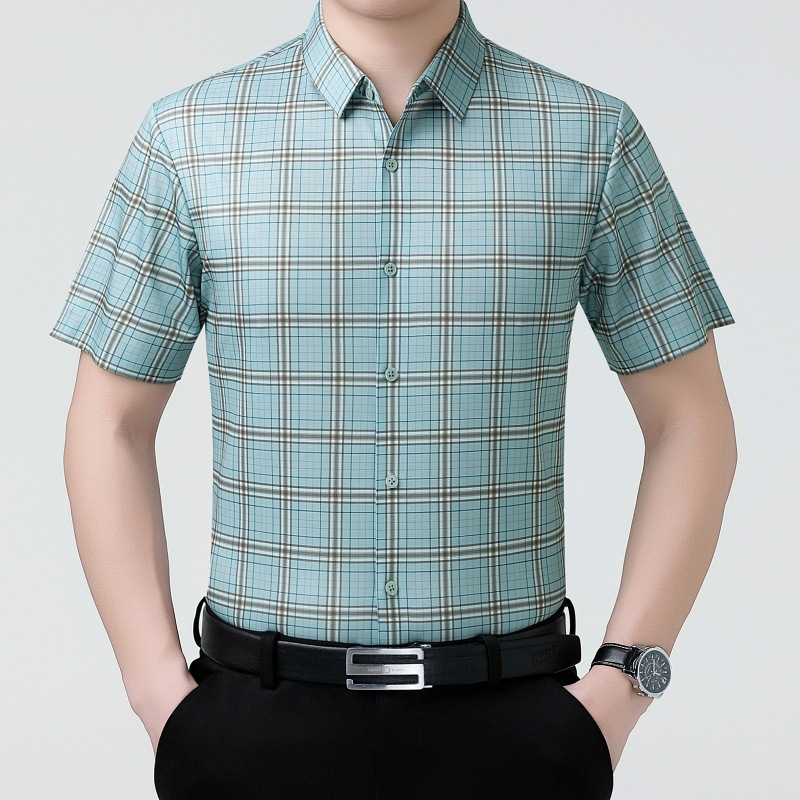 专柜正品桑蚕丝衬衣男商务休闲格子中年爸爸上衣免烫抗皱男装衬衣