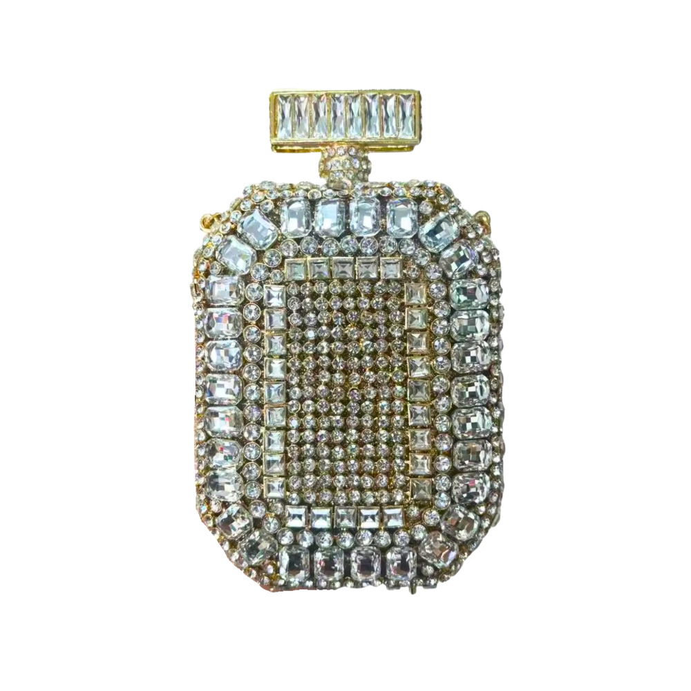 Bolsa de embrague transfronteriza nueva botella de perfume con diamantes bolsas de cena europeas y estadounidenses con diamantes huecos llenos bolsas de mano duras para mujeres