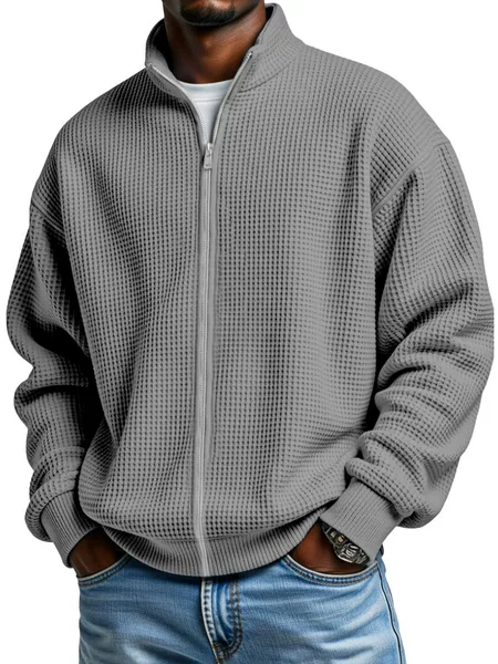 European and American Cross-Border Independent Station Men's Clothing American Style Distressed Fashion Men's Simple Solid Color Waffle Stand Collar Zipper Jacket