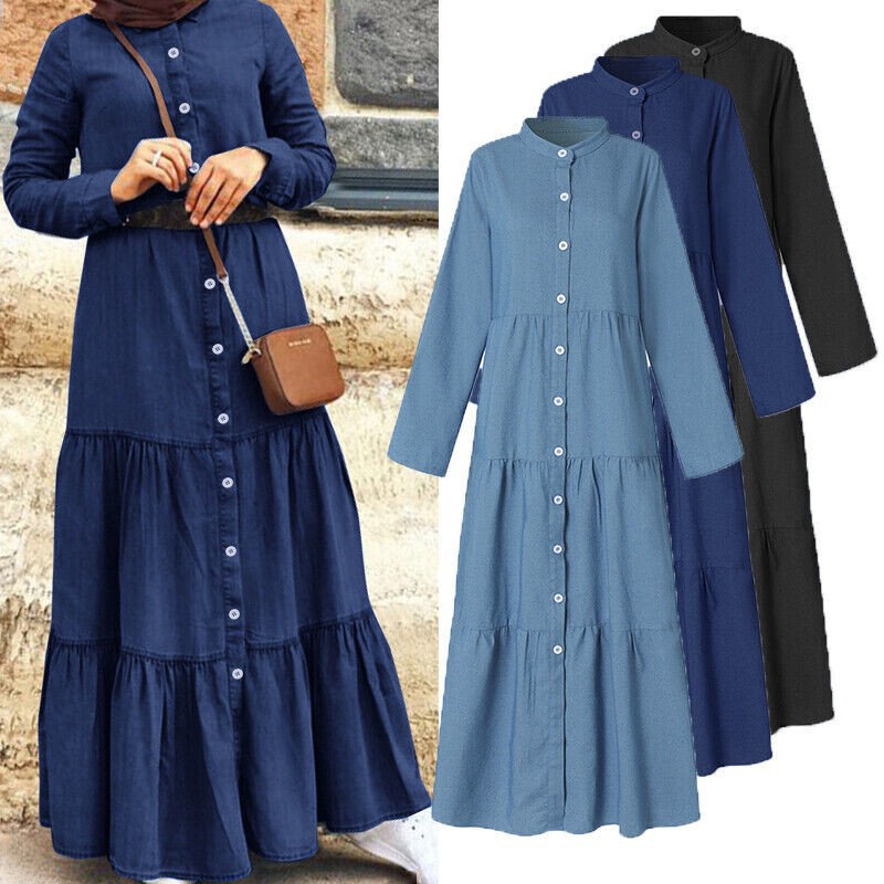 Independent Station AliExpress wish European American British Denim Dress Amazon New Stand Collar Denim Button Long Dress