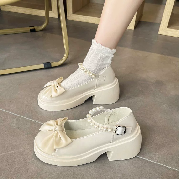 Французские модные кожаные туфли для женщин, осень 2024, новый стиль, британский стиль, туфли Мэри Джейн с бантом, на толстой подошве, с жемчугом