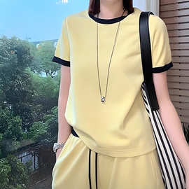黄色撞色两件套女2026夏新款圆领短袖T恤抽绳阔腿长裤运动休闲