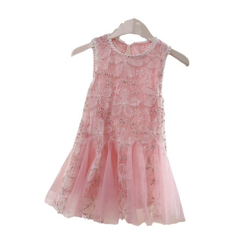 New Girls' Summer Floral Fish-Tail Dress with Pearly Net Top for Children - Birthday Party Gown