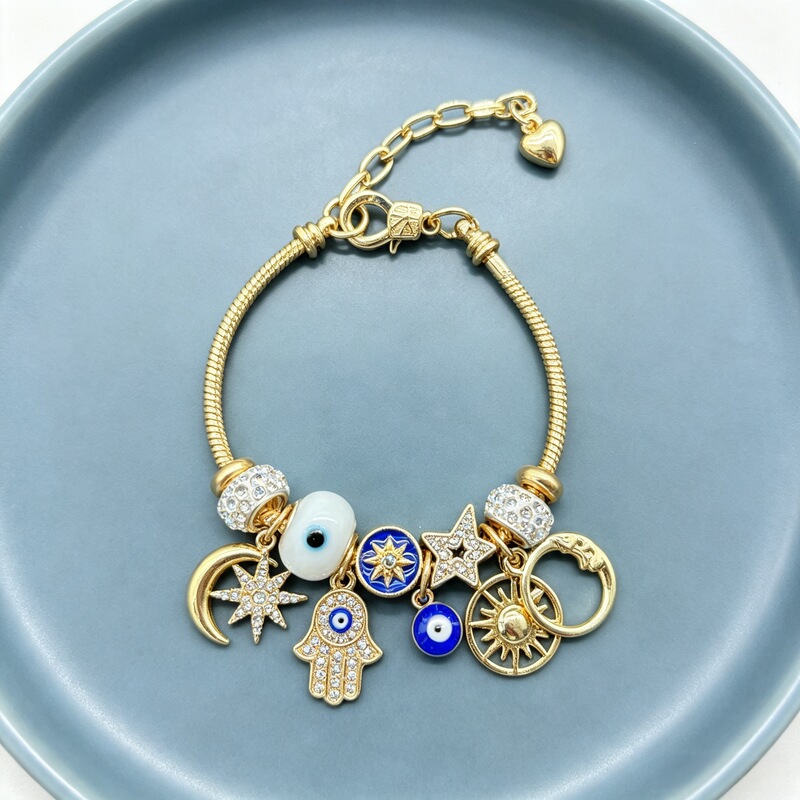 Pandora-style bracelet DIY beaded simple evil eye bracelet with star, moon, eight-pointed star, and sun pendants, fashionable jewelry