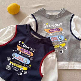 纯棉儿童假两件长袖t恤男女童春秋新款日系可爱洋气上衣打底衫棉T