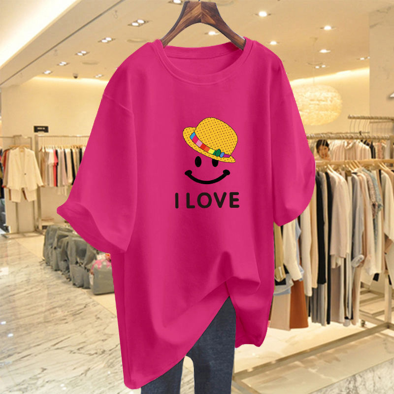 Solid Color T-Shirt Women's Short-sleeved 2024 New Summer Fashionable Smiley Hat Cotton Mid-length Ins Large Edition Top Clothes