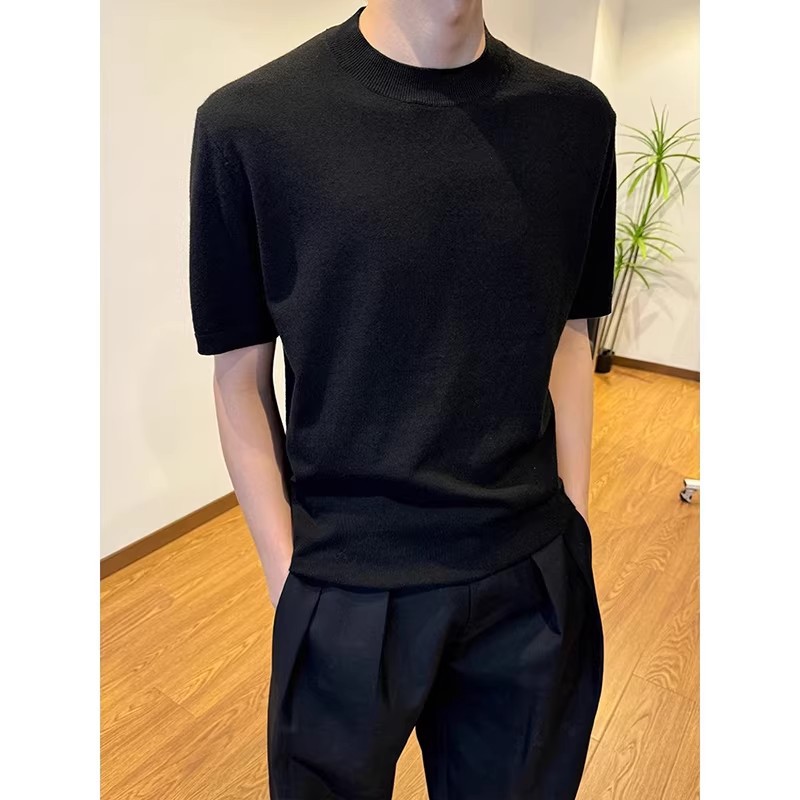 Camiseta de punto hombre de manga corta cuello medio alto viejo estilo de dinero delgado camiseta de base de color sólido camiseta de seda de hielo fábrica transfronteriza al por mayor