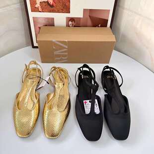 ZA New Autumn 2024 Flat Square Head Belt Sandals and Slippers Women's Outwear Fashion Flat T-belt Single Shoes for Women