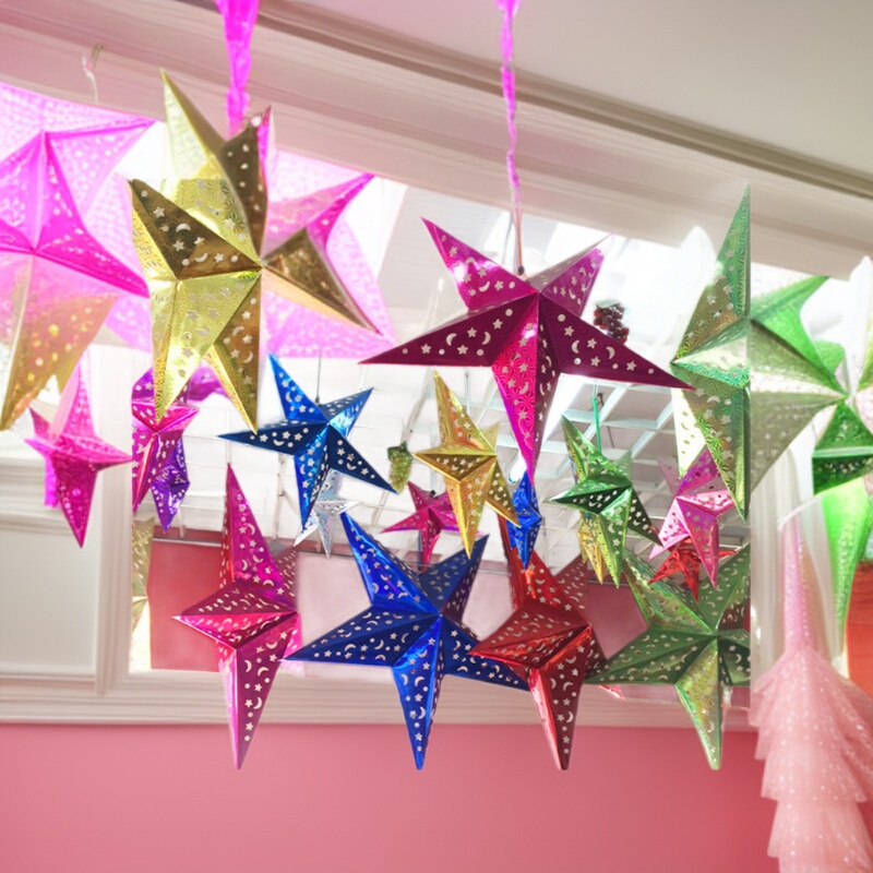 Five-Pointed Star Paper Lanterns Christmas Paper Nine-Pointed Stars Wedding Christmas Decorations Kindergarten Decoration Hanging Ornaments 60cm