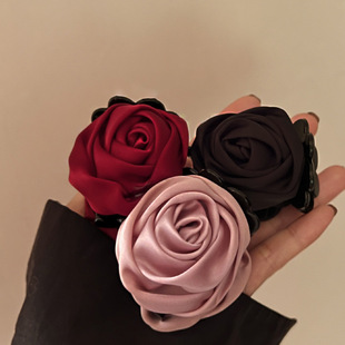 Rose Flower Clip, Medium Size, Small Hair Volume, Retro Satin Hair Clip, French Hair Clip, High-End Shark on the Back of the Head