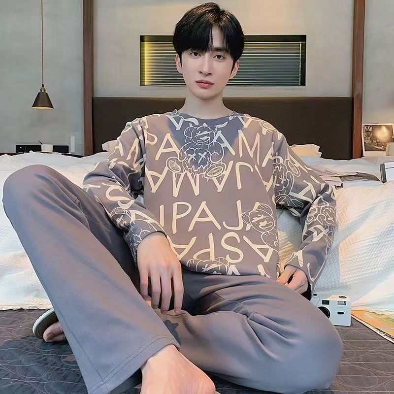 2024 pijama de otoño para hombres pantalones de mangas largas ropa de hogar simple cuello redondo delgado grande otoño invierno conjunto casual
