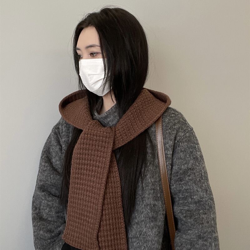 韩系披肩搭配氛围感针织连帽冬季保暖帽子围巾一体针织护耳毛线帽|undefined