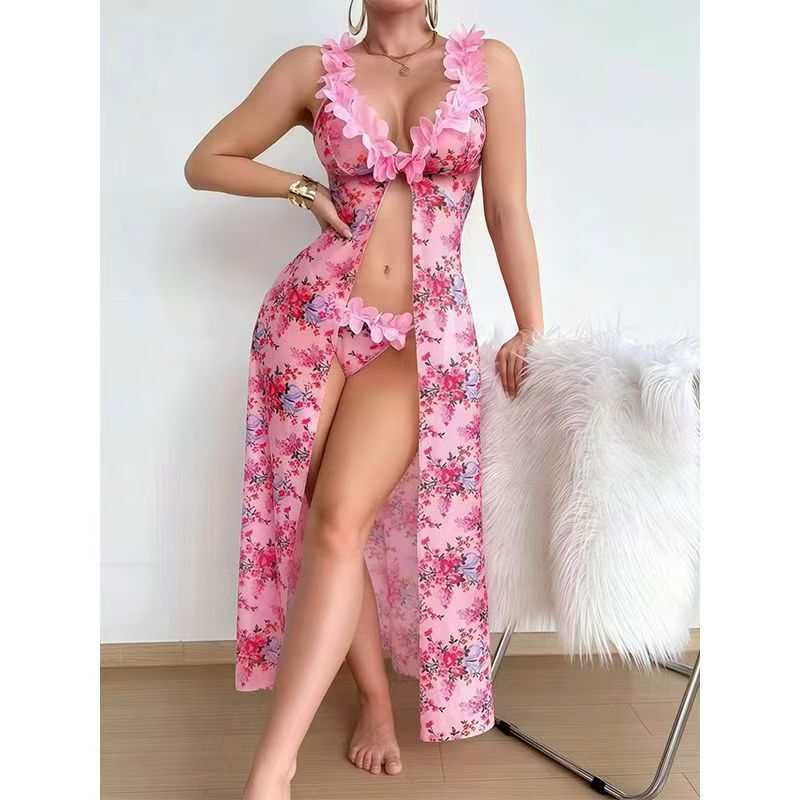 Foreign Trade Cross-Border Halter Neck Slit Printed Pure Desire Low-Cut Sexy European and American Style Lingerie Women's Sexy Long Dress Set Foreign Trade Cross-Border Halter Neck Slit Printed Pure Desire Low-Cut Sexy European and American Style Lingerie Women's Sexy Long Dress Set