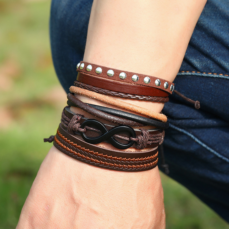 retro woven cowhide leather bracelet combination set