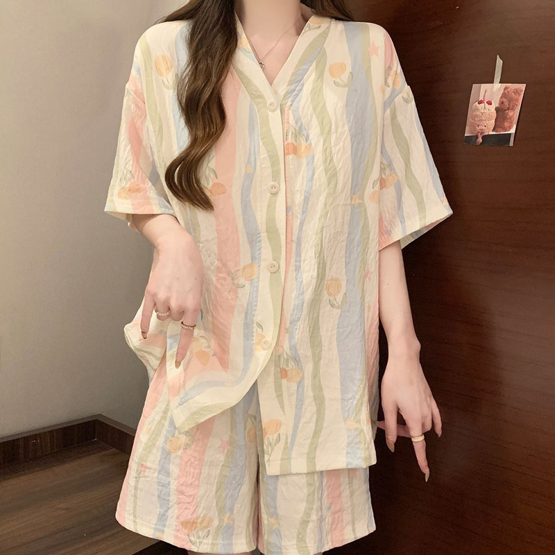パジャマパジャマ女性の夏半袖 2025 新しいクラウド綿薄いウェアラブルホーム服セット卸売|undefined