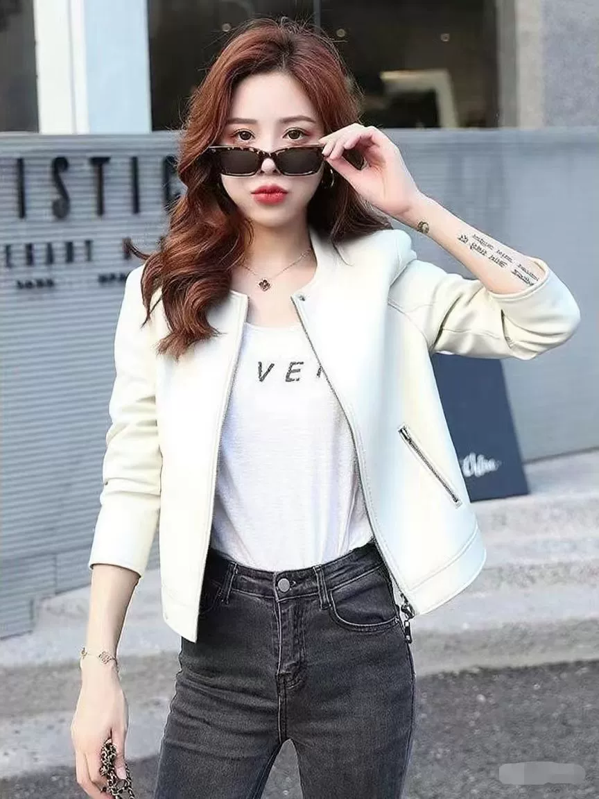 Женская кожаная байкерская куртка: новая стильная модель, цвета красный/чёрный/белый/розовый, размеры S-XXXL