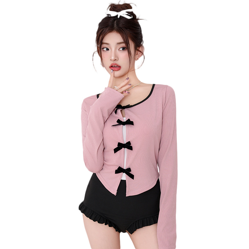 Traje de baño de dos piezas para mujer, estilo nuevo 2025, dulce estilo bailarina, rosa, conservador, de manga larga, para vacaciones