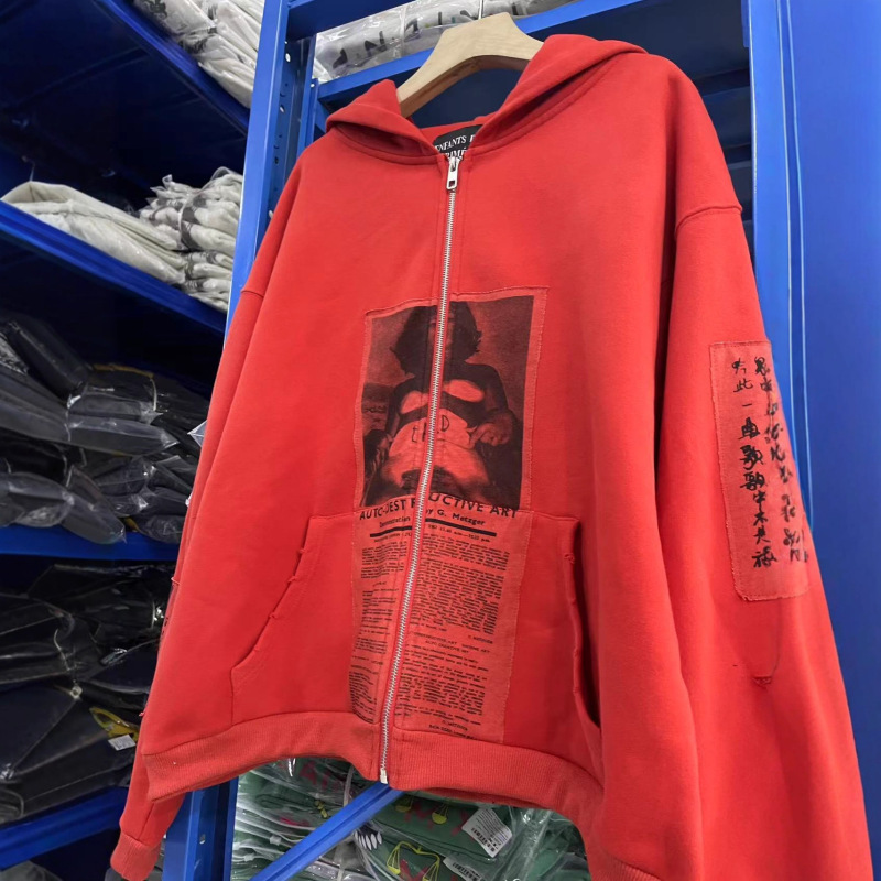 ERD忧郁的富二代 红色人像贴布做旧Oversize连帽卫衣拉链开衫卫衣|undefined