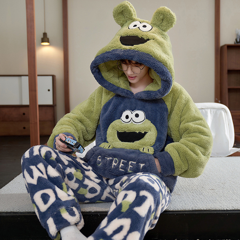 Winter Coral Fleece Pajamas Men's fleece-lined Thickened Warm Cartoon Hooded Flannel Teenager Home Clothes suit Winter Coral Fleece Pajamas Men's fleece-lined Thickened Warm Cartoon Hooded Flannel Teenager Home Clothes suit