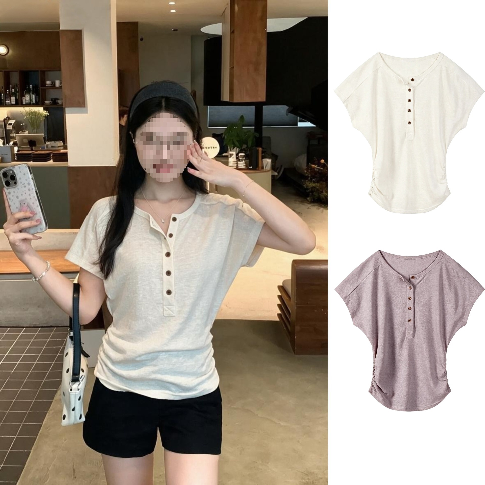 Batwing sleeve Henley collar short-sleeved women's summer ruched waist slimming breathable cotton polo shirt