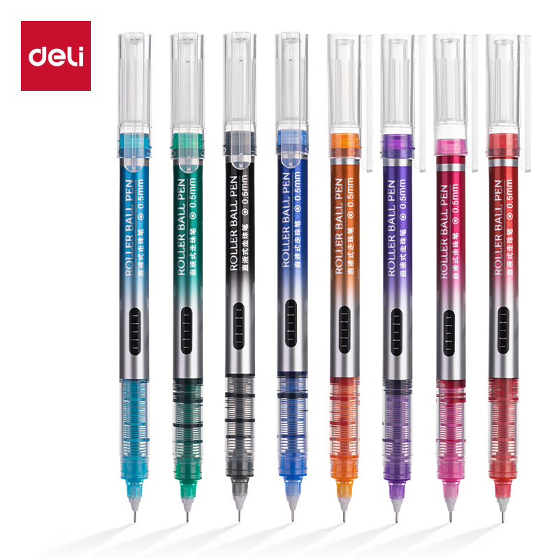 Deli S855 color líquido recta pluma recta bolígrafo líquido gel pluma 0,5mm firma pluma para estudiantes 8 colores/caja