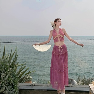 French Style Fairy Photo Shoot High-End Bikini Island Vacation Split Long-Sleeved Waist-Revealing Hot Spring Swimsuit
