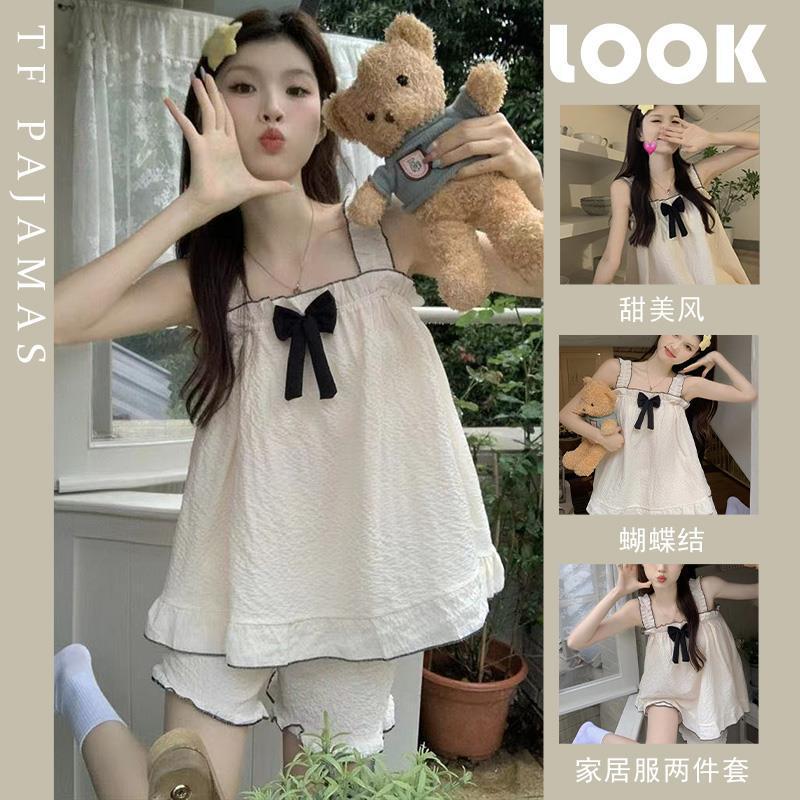 Pajamas Women's Summer Sling Pajamas Set Sling Shorts Instagram Style Lace Women's Pajamas Bubble Cotton Home Clothes