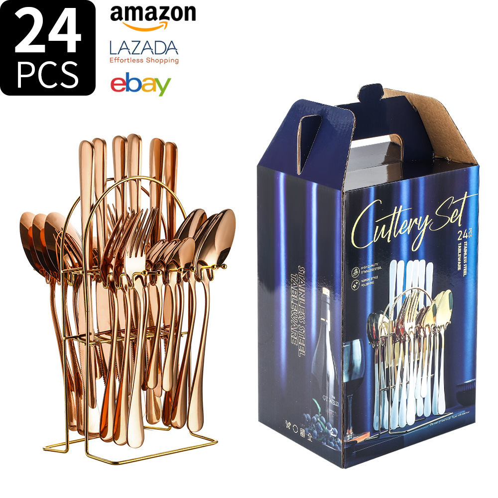 Fuente transfronteriza Amazon 1010 cubiertos de acero inoxidable cuchillo de comida occidental tenedor cuchara 24 piezas caja de regalo cuchara hotel