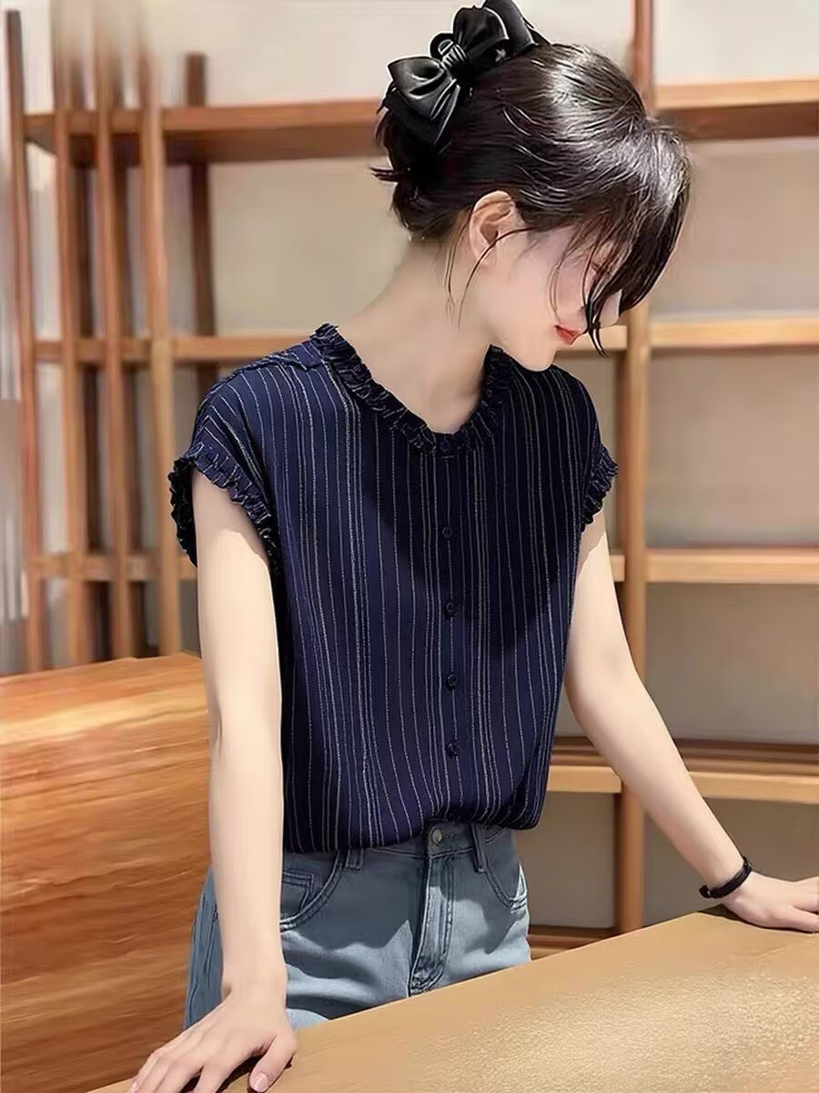 Áo sơ mi nữ ngắn tay sọc kẻ, cổ bẻ tay ngắn, phong cách công sở — Sọc Tây Tạng