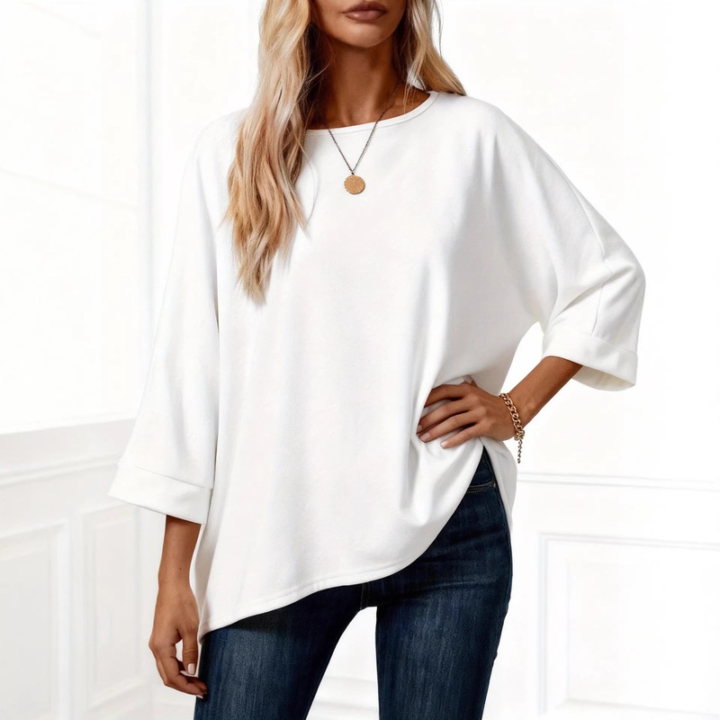 European and American Cross-Border Plus-Size Women's Clothing 2026 Spring/Summer New Solid Color Round Neck Loose-Fitting Three-Quarter Sleeve Cross-Border Plus-Size T-Shirt