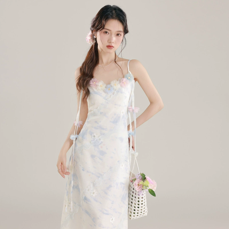 Летнее длинное платье для похудения талии Daughter of the Sea Pure Desire, милый нишевый дизайн, длинное платье на подтяжках с цветочным принтом для женщин