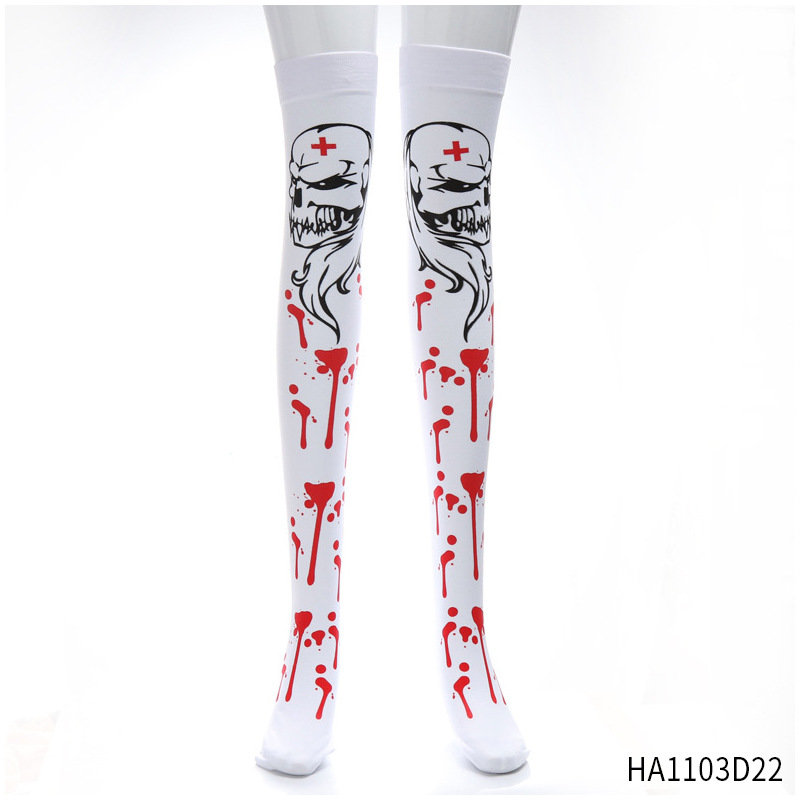 Calcetines de Halloween, suministros para fiestas de disfraces, accesorios para disfraces, pantimedias con diseño de huesos de esqueleto, calcetines por encima de la rodilla, calcetines largos de tubo.