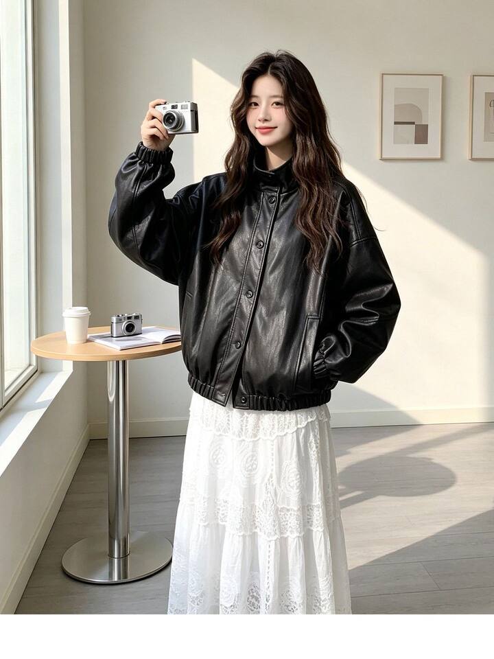 Áo khoác da PU cổ đứng dáng rộng phong cách retro, kiểu biker, dài tay, có lót — Màu đen [Chất lượng cao, có lót vải] chi tiết 11
