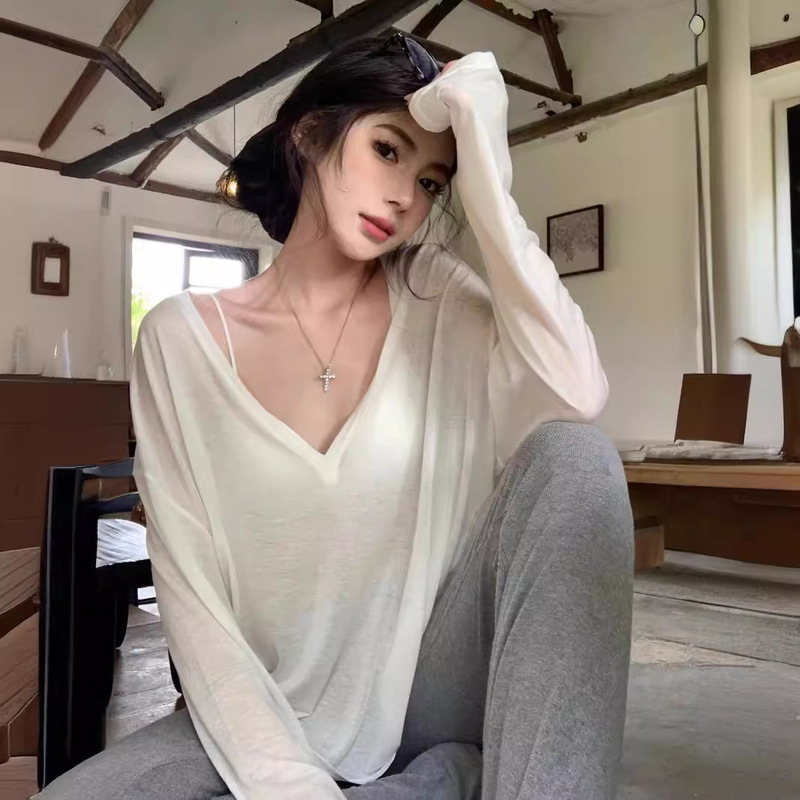 White Thin Slightly See-Through V-Neck Long-Sleeved T-Shirt Women's Summer Loose Sun Protection Blouse Casual Lazy Style Blouse Top