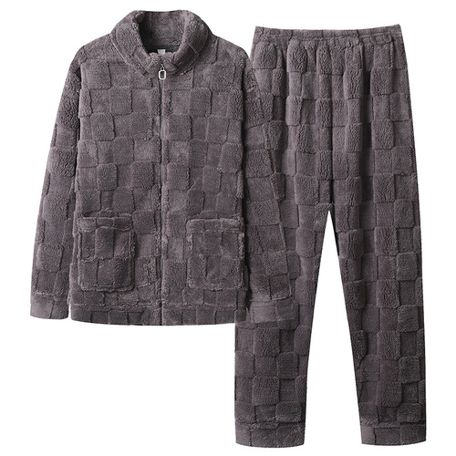Lovers' Pajama Set for Men - Autumn/Winter New Arrival Stand Collar Zipper Thick Long Sleeve Coral Fleece Home Suit