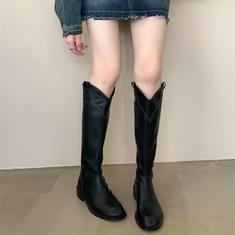Thick Heeled Round Toe Maillard For Women, 2024 Autumn And Winter New Item With Plush Straight Tube Versatile V-Neck_voghion.com