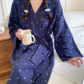 藏青爱心纯棉纱布睡袍女V领和服系带长款宽松大口袋秋浴袍家居服