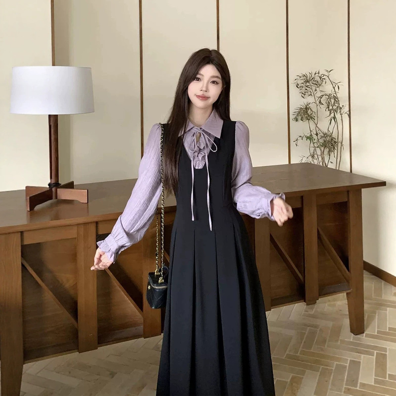 College-style faux two-piece shirt dress for women, 2026 autumn new model, long-sleeved, waist-cinching, slimming, mid-length dress for commuting College-style faux two-piece shirt dress for women, 2026 autumn new model, long-sleeved, waist-cinching, slimming, mid-length dress for commuting
