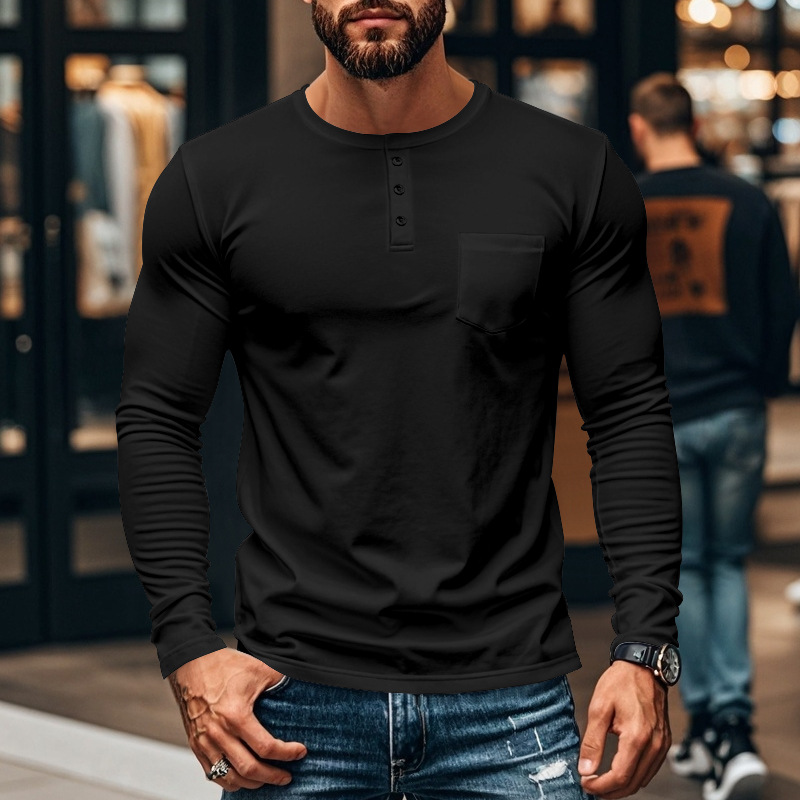 Herr t-shirt slim fit långärmad rund hals för höst och vinter_voghion.com