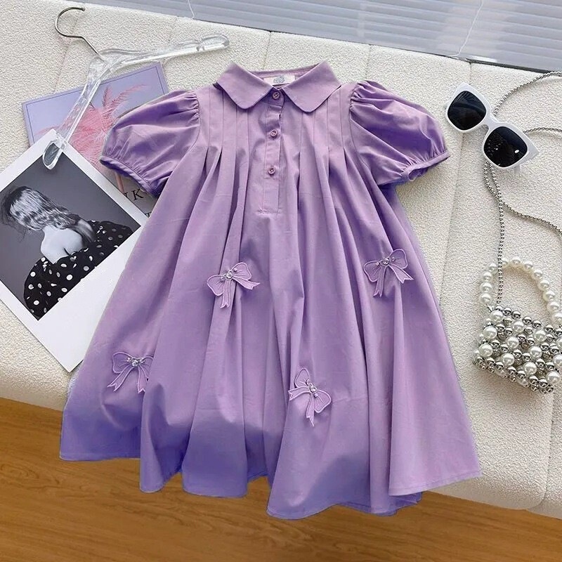 Girls' Dress with Puff Sleeves, Stylish Summer 2026 New Design, Polo Collar Casual Dress for Older Children Girls' Dress with Puff Sleeves, Stylish Summer 2026 New Design, Polo Collar Casual Dress for Older Children