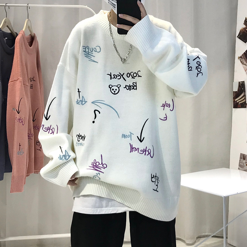 Autumn and Winter bf Hong Kong Style Distinctive Round Neck Sweater Men's Korean Style ins Fashionable Loose Couple's Knitted Base Shirt