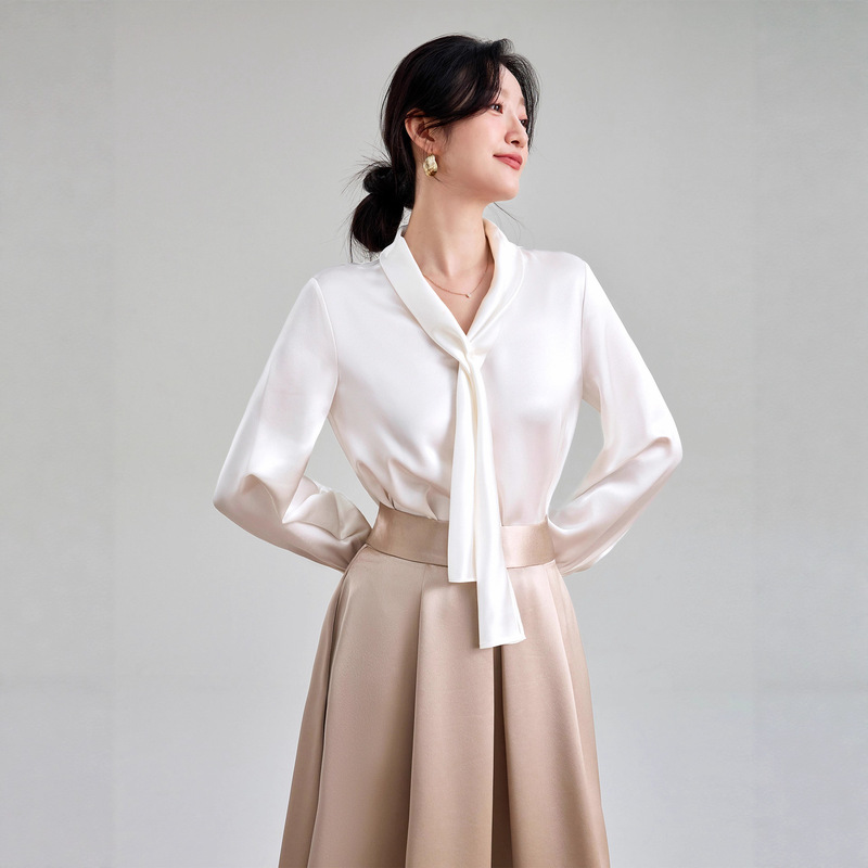 High-End Japanese Acetate Ribbon Long-Sleeve Blouse for Women, Glossy Shirt for Professional Work Attire, Premium Quality