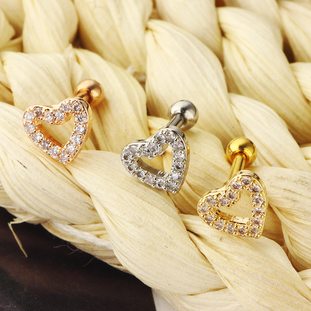 Simple Style Heart Shape Stainless Steel Hollow Out Zircon lip stud Ear Studs 1 Piece