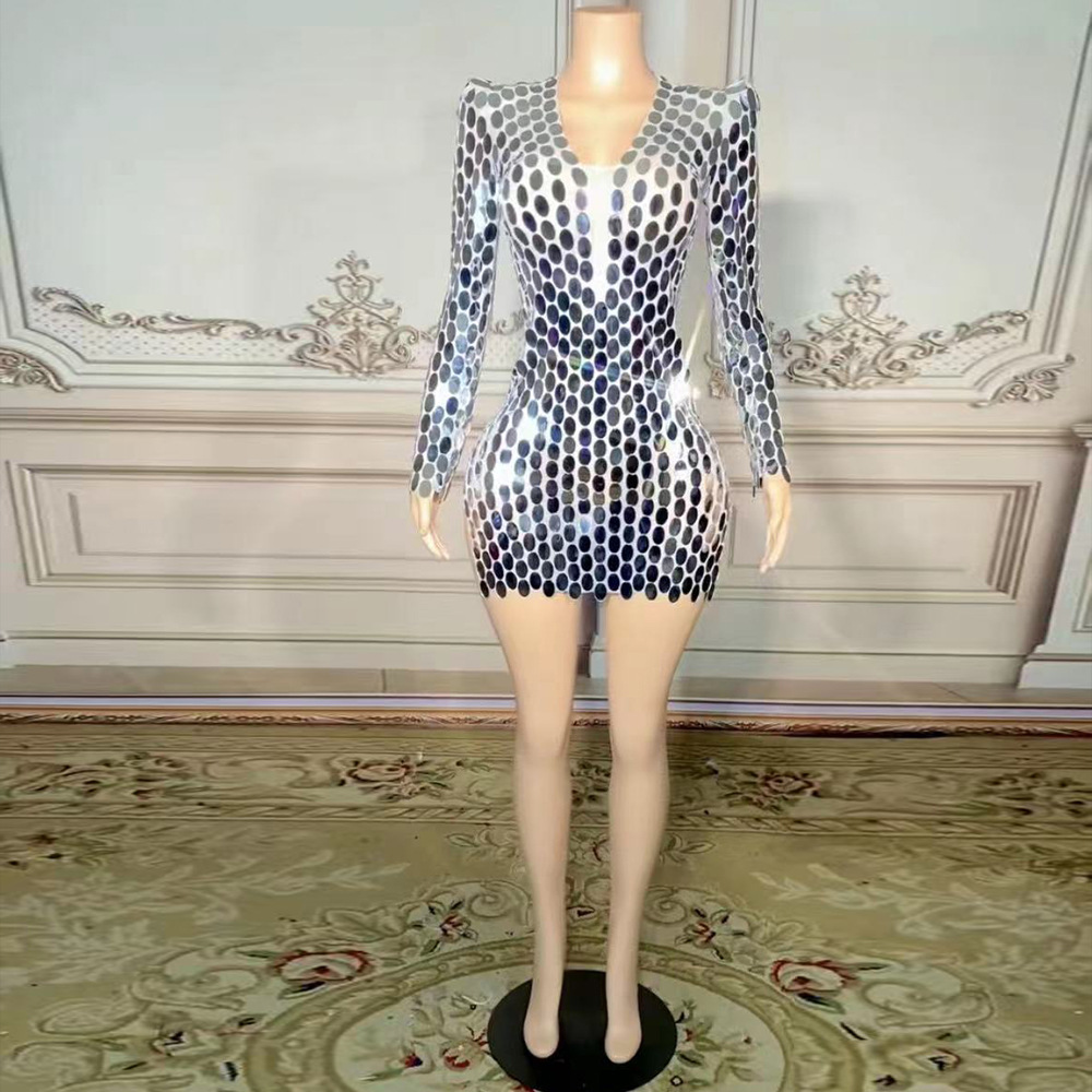 Explosive Sparkling Diamond Sequin Sexy See-through Suspender Ultra Short Dress Party Dress Nightclub Singer Performance