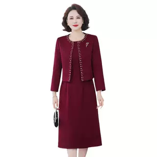 妈妈装婚宴礼服连衣裙中老年新款喜婆婆两件套结婚中长款圆领裙子